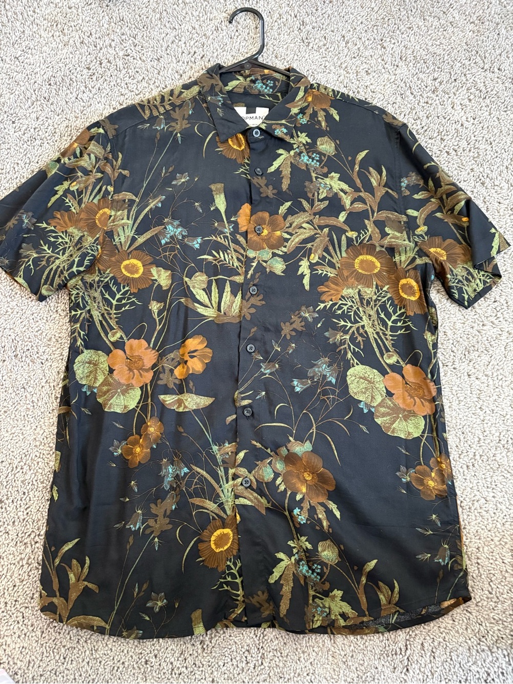 Topman Men's Black Floral Short-Sleeve Button-Up Shirt